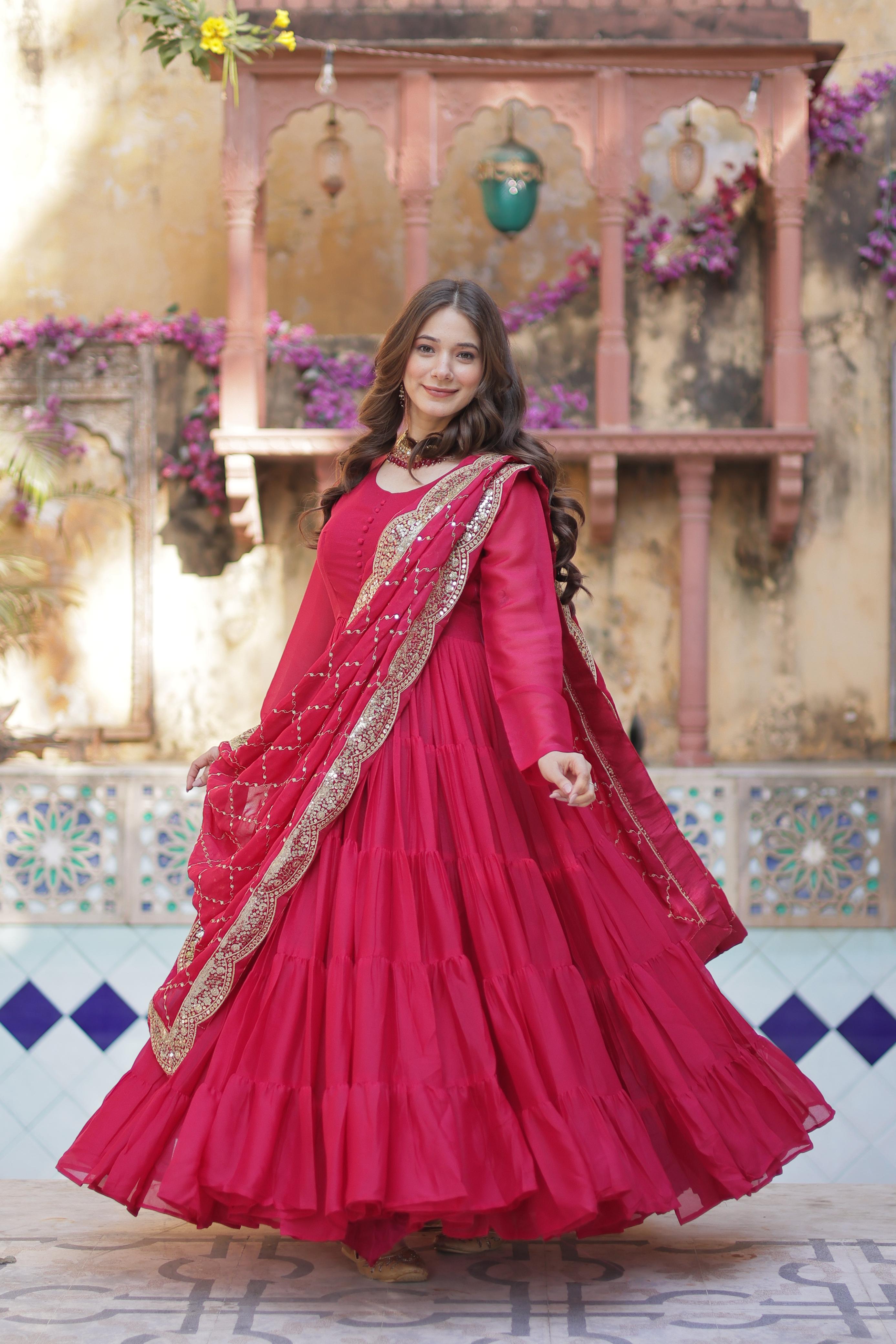 Sttuning 15 Mtr Flared Georgette Stitched Designer Ruffle Gown - Ethnicwish