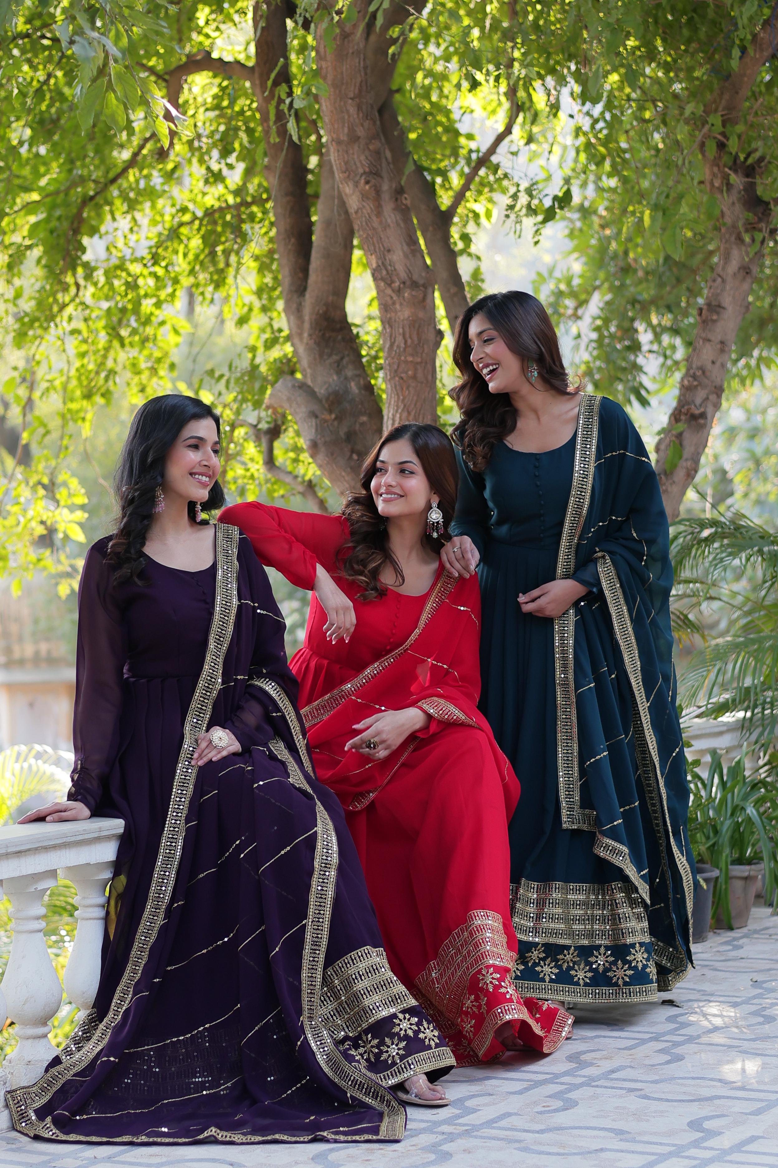 Spellbinding Faux Georgette Multi Sequins Thread Worked Gown - Ethnicwish