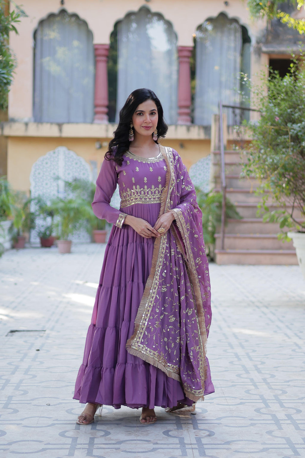 Spellbinding Georgette Ruffle Sequins Embroidered Gown With Dupatta - Ethnicwish