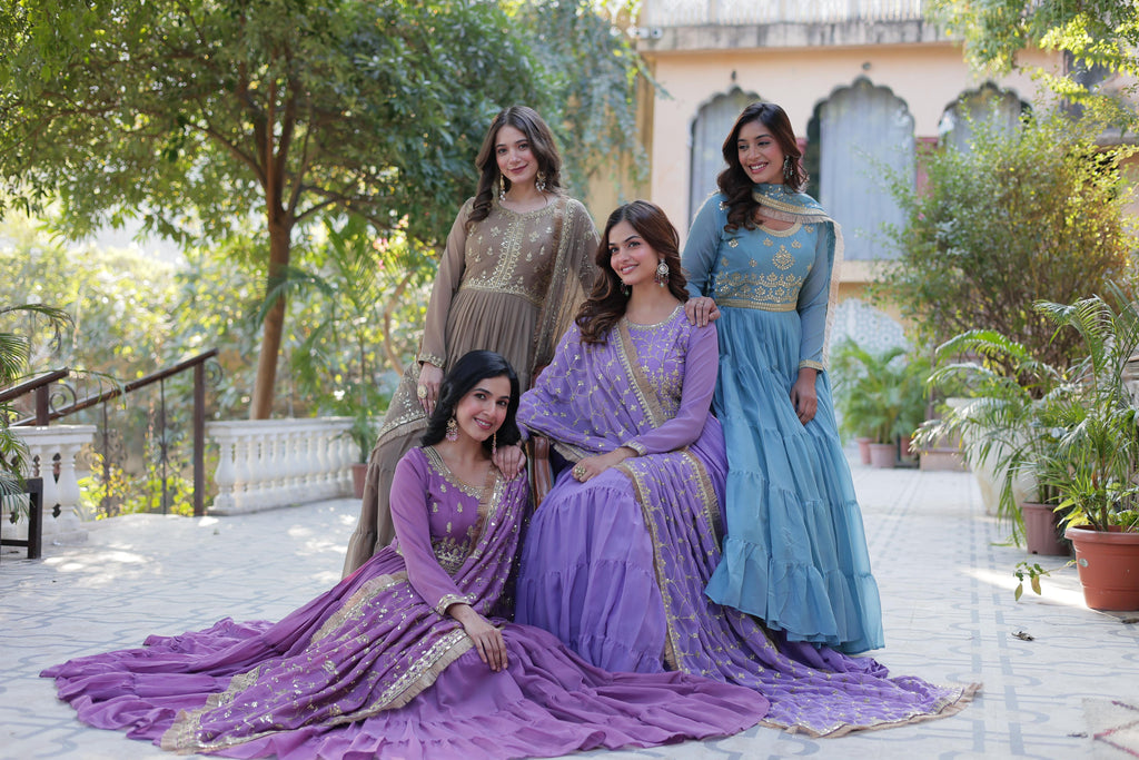 Spellbinding Georgette Ruffle Sequins Embroidered Gown With Dupatta - Ethnicwish