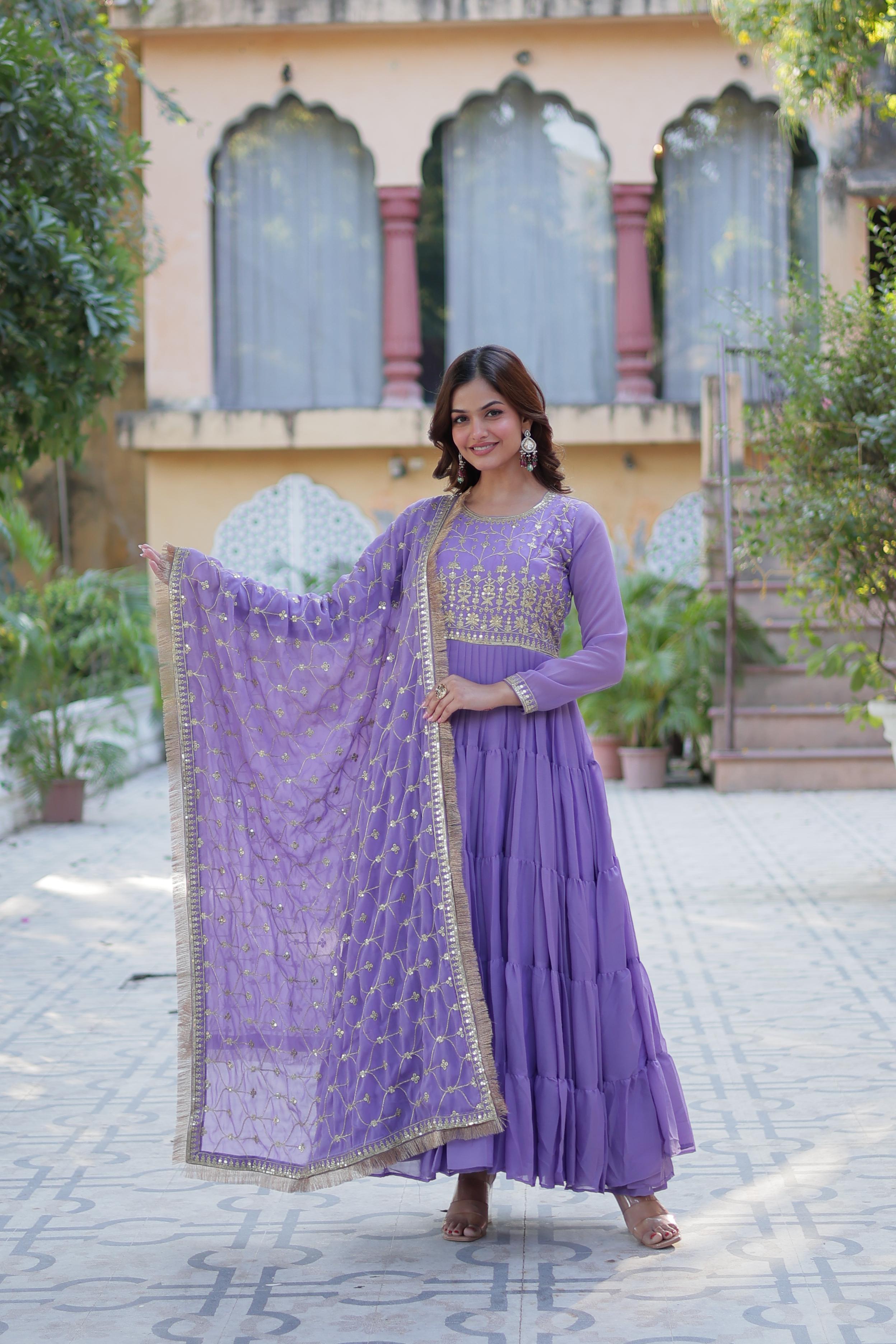Spellbinding Georgette Ruffle Sequins Embroidered Gown With Dupatta - Ethnicwish