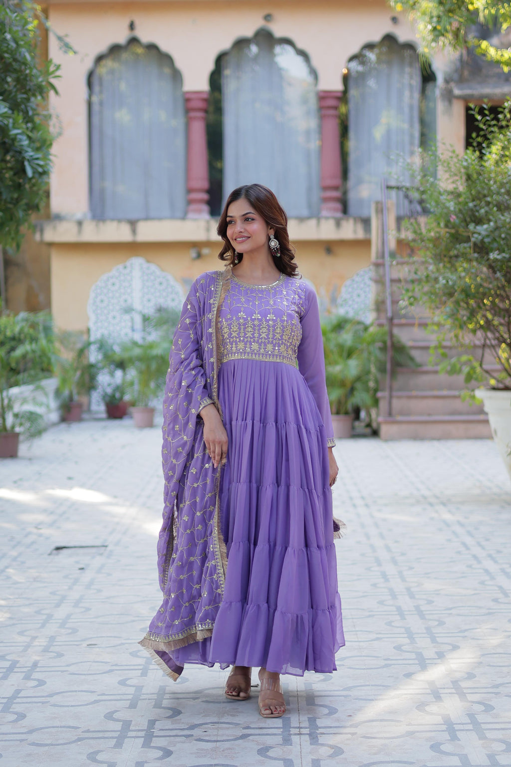 Spellbinding Georgette Ruffle Sequins Embroidered Gown With Dupatta - Ethnicwish