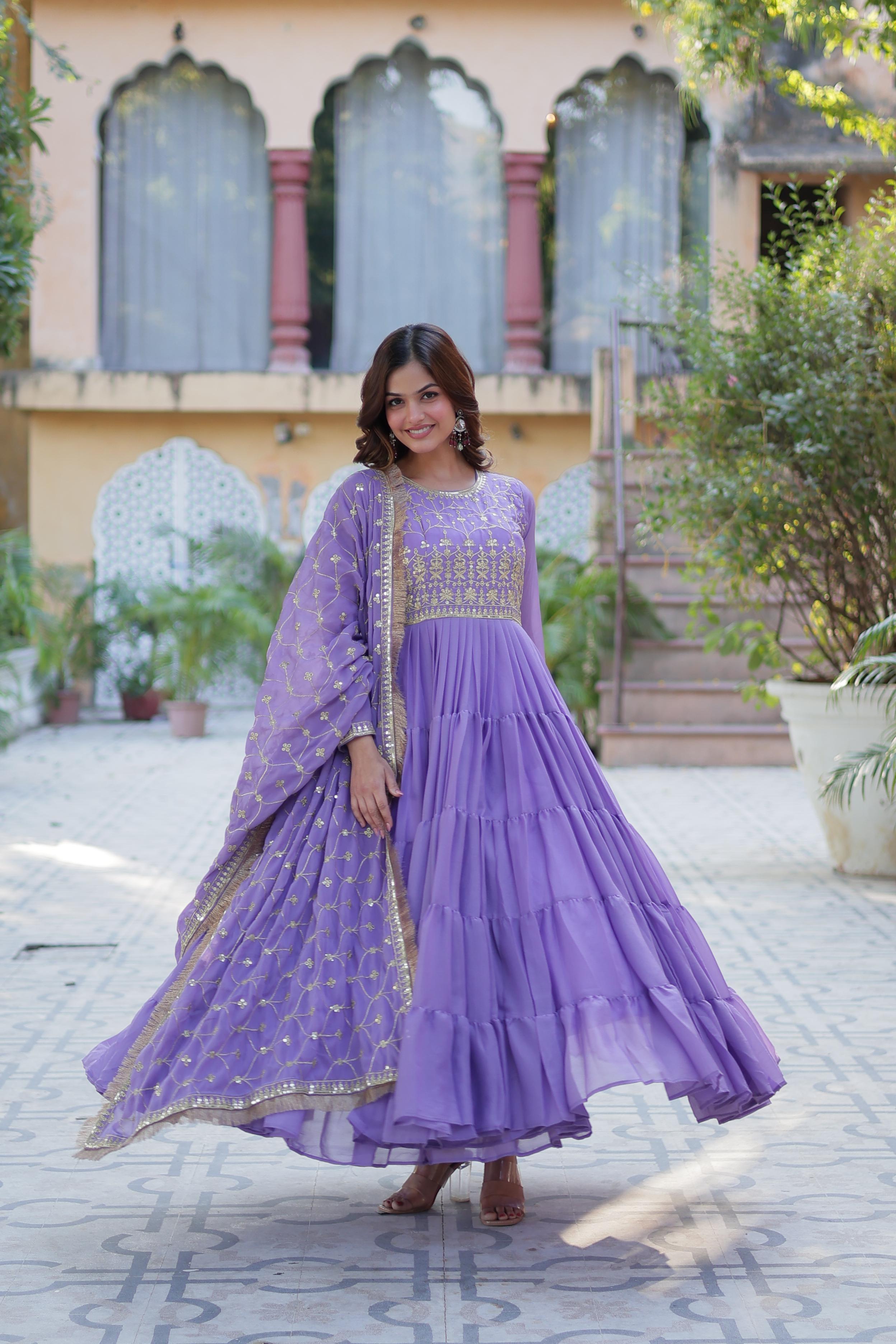 Spellbinding Georgette Ruffle Sequins Embroidered Gown With Dupatta - Ethnicwish