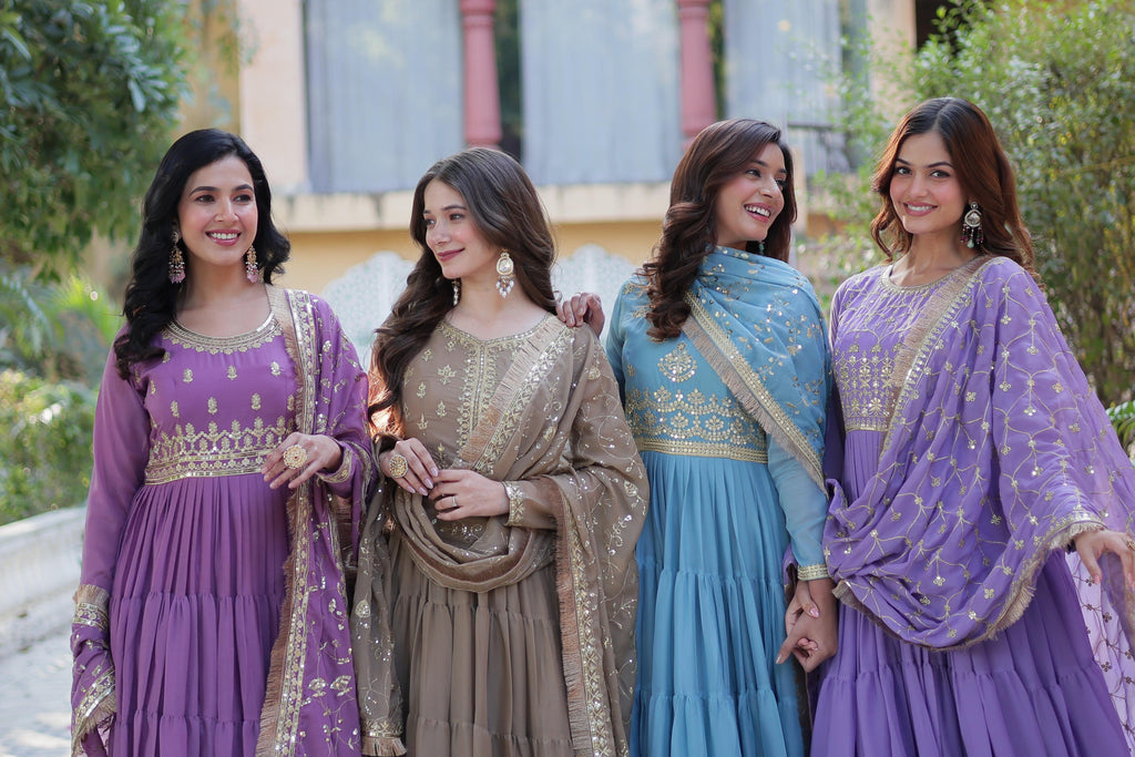 Spellbinding Georgette Ruffle Sequins Embroidered Gown With Dupatta - Ethnicwish