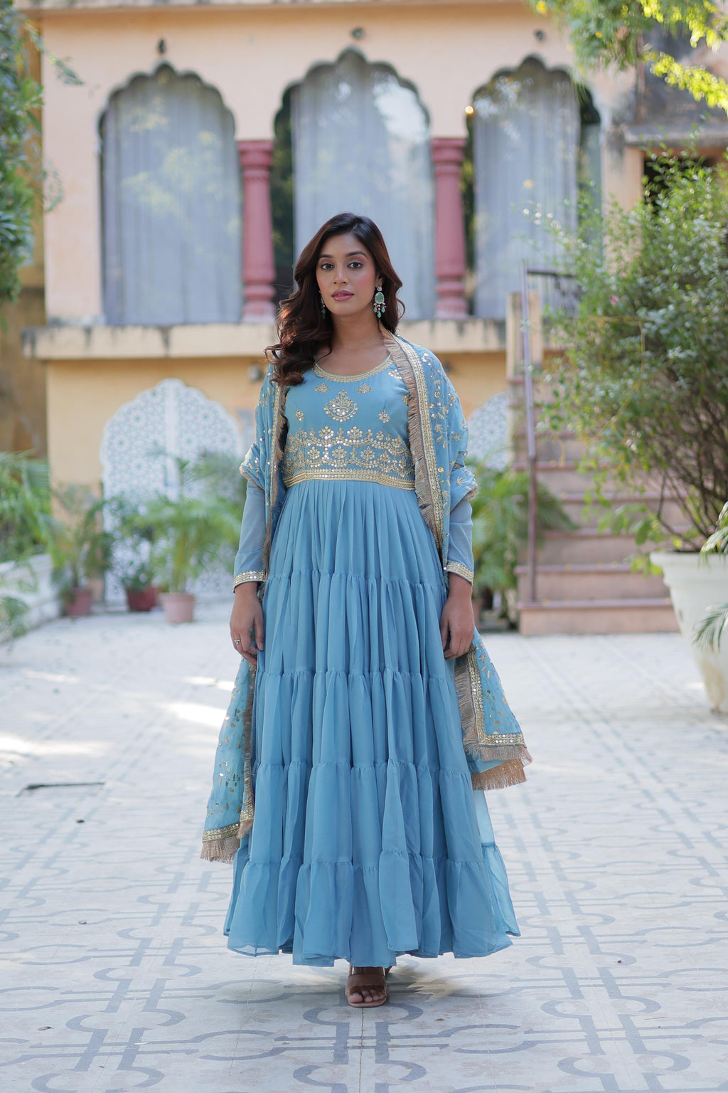Spellbinding Georgette Ruffle Sequins Embroidered Gown With Dupatta - Ethnicwish