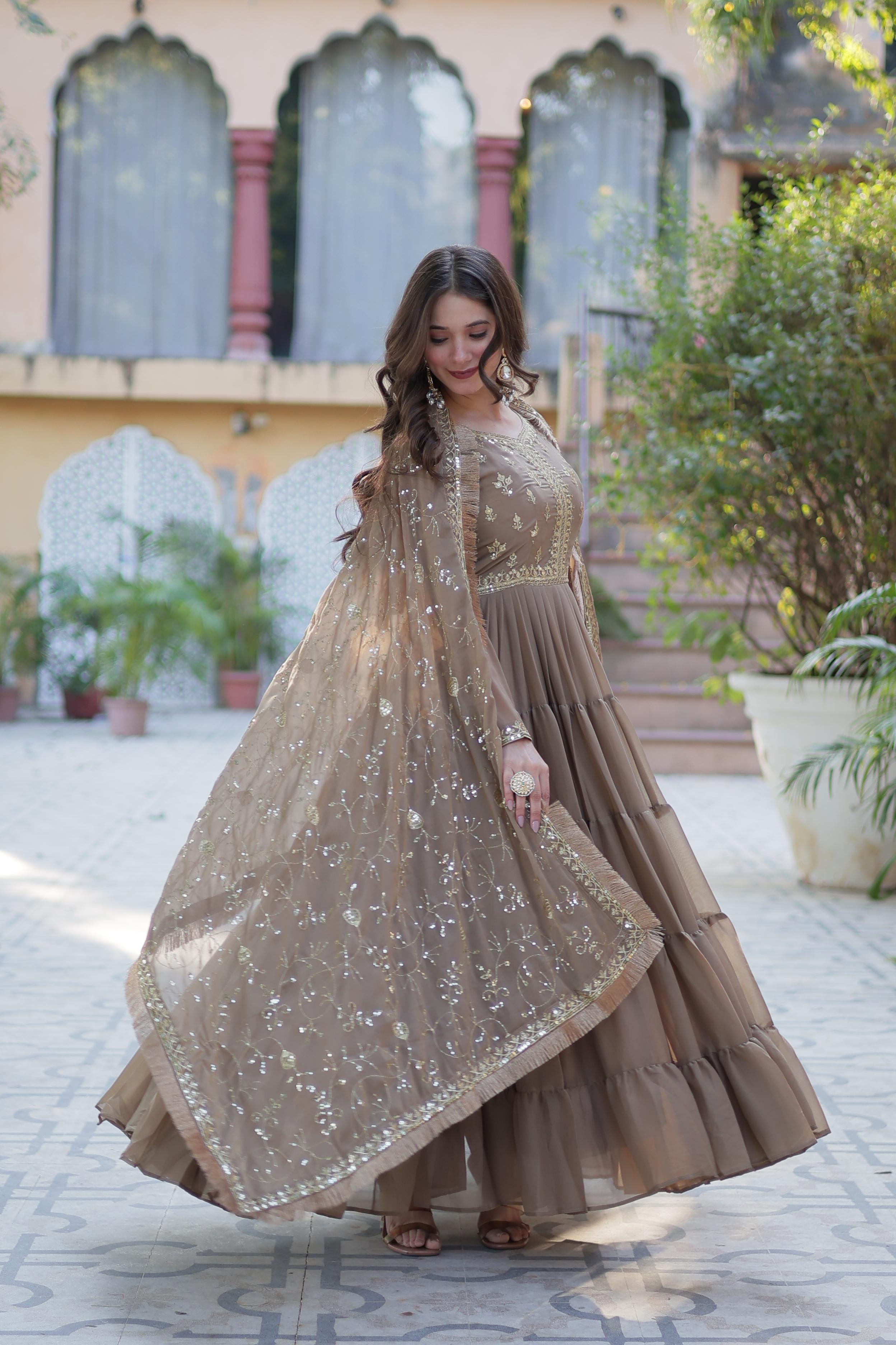 Spellbinding Georgette Ruffle Sequins Embroidered Gown With Dupatta - Ethnicwish