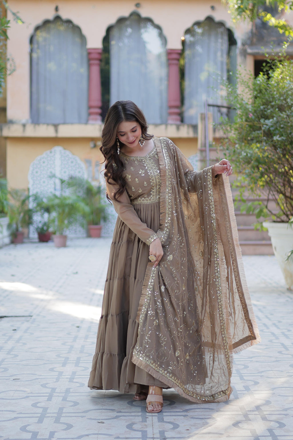 Spellbinding Georgette Ruffle Sequins Embroidered Gown With Dupatta - Ethnicwish