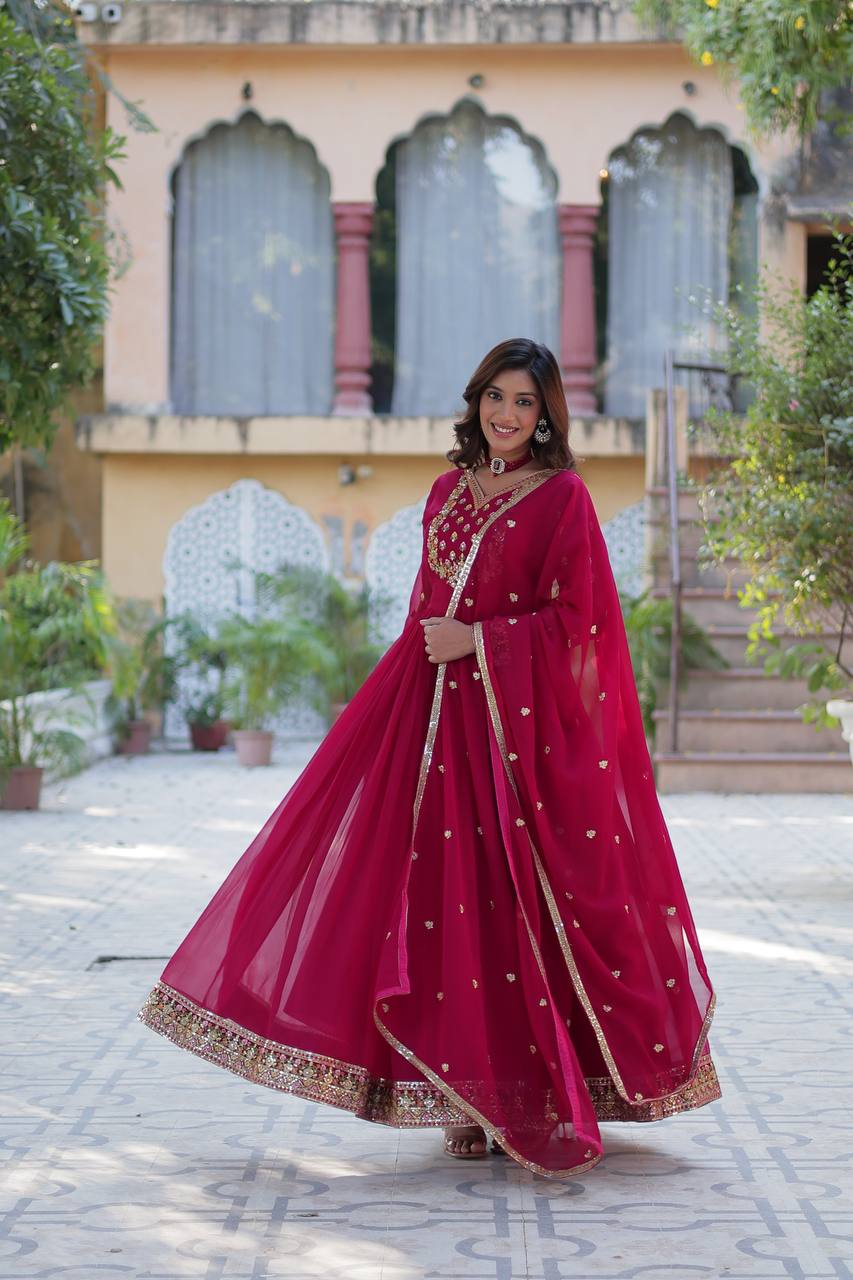 Ravishing Faux Georgette Rich Sequins Embroidered Gown With Dupatta - Ethnicwish