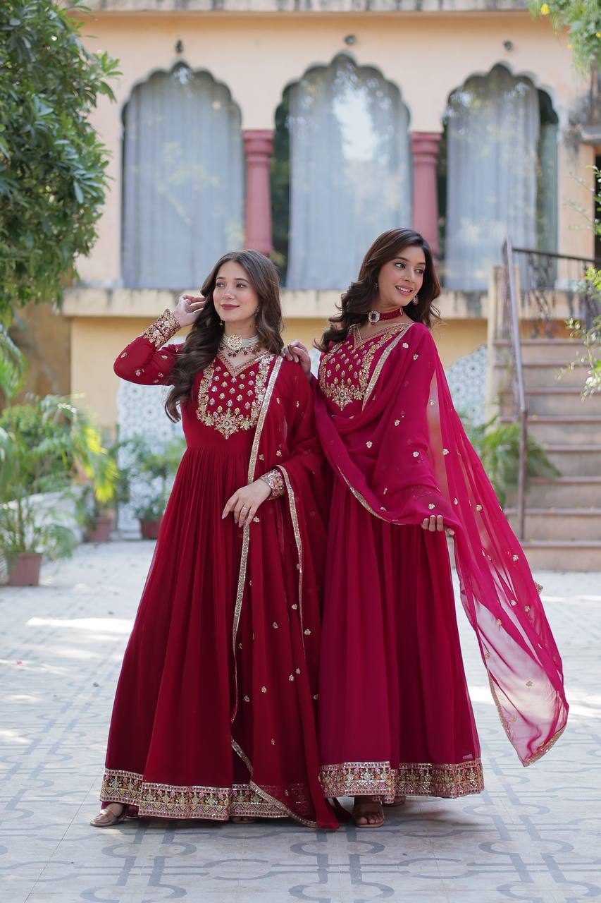 Ravishing Faux Georgette Rich Sequins Embroidered Gown With Dupatta - Ethnicwish