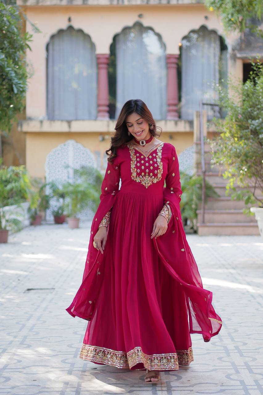 Ravishing Faux Georgette Rich Sequins Embroidered Gown With Dupatta - Ethnicwish
