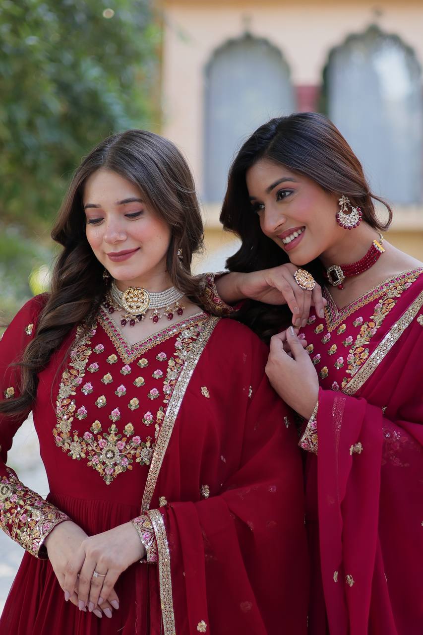 Ravishing Faux Georgette Rich Sequins Embroidered Gown With Dupatta - Ethnicwish