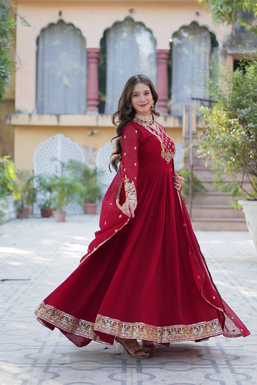 Ravishing Faux Georgette Rich Sequins Embroidered Gown With Dupatta - Ethnicwish