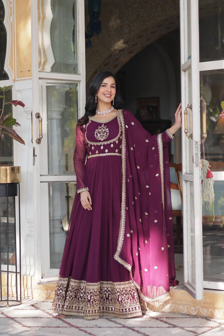 Radiant Faux Georgette Sequins Embroidered Gown With Dupatta - Ethnicwish