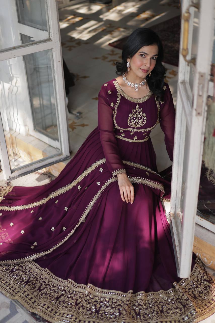 Radiant Faux Georgette Sequins Embroidered Gown With Dupatta - Ethnicwish