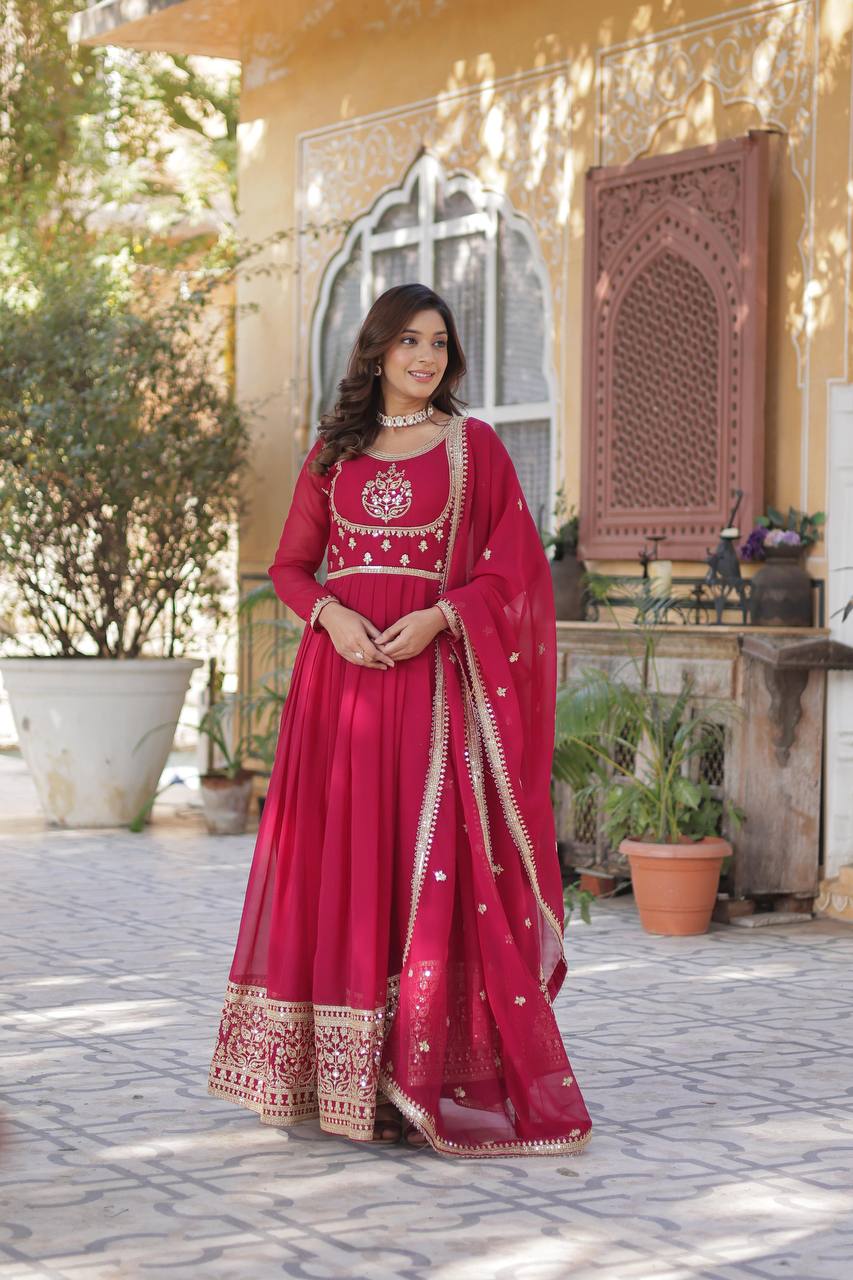 Radiant Faux Georgette Sequins Embroidered Gown With Dupatta - Ethnicwish