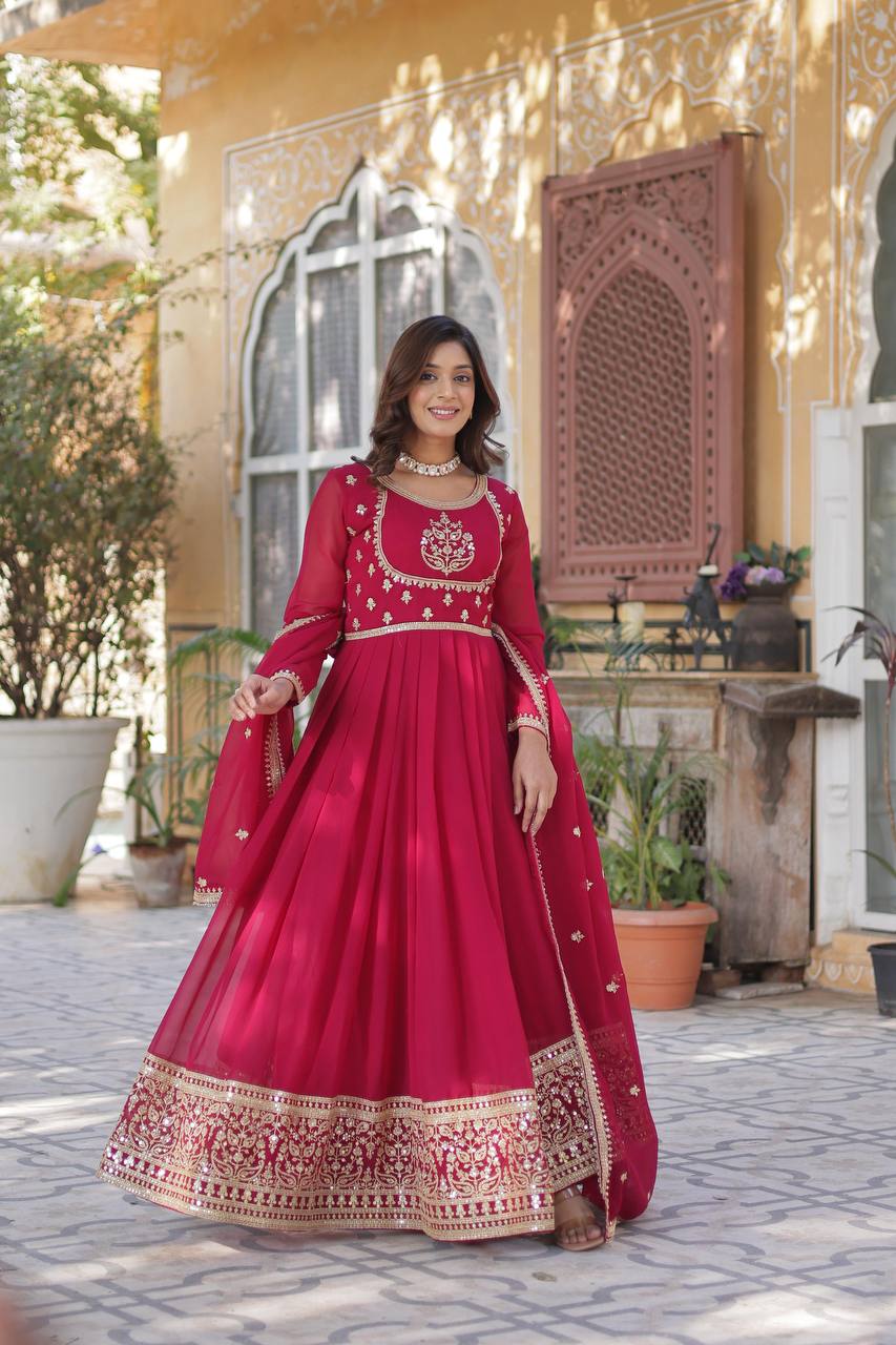 Radiant Faux Georgette Sequins Embroidered Gown With Dupatta - Ethnicwish
