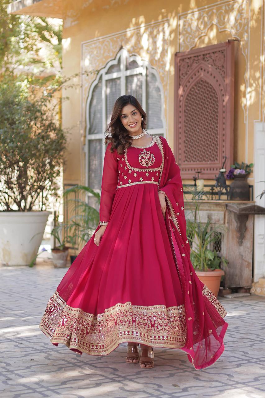 Radiant Faux Georgette Sequins Embroidered Gown With Dupatta - Ethnicwish