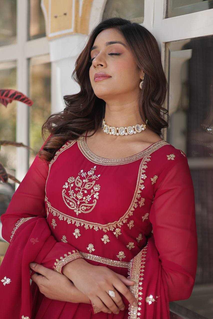 Radiant Faux Georgette Sequins Embroidered Gown With Dupatta - Ethnicwish