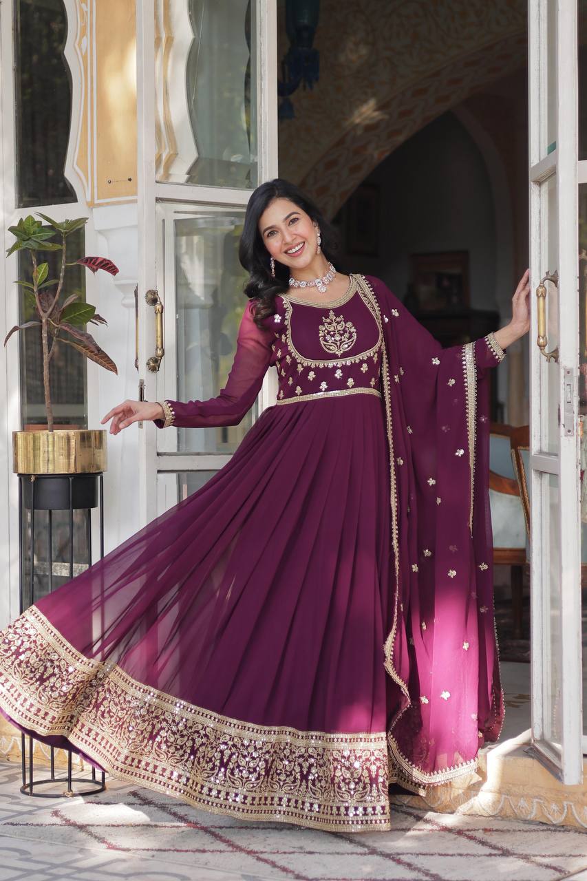 Radiant Faux Georgette Sequins Embroidered Gown With Dupatta - Ethnicwish