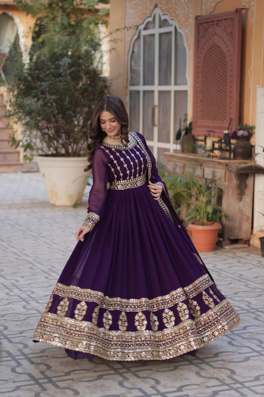 Mesmerizing Faux Georgette Embroidered Zari Sequins Gown Set - Ethnicwish