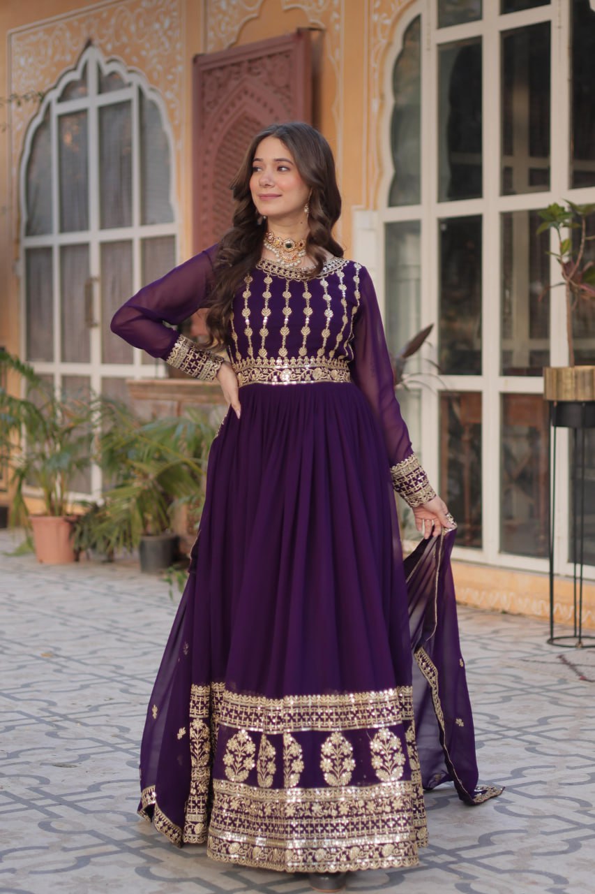 Mesmerizing Faux Georgette Embroidered Zari Sequins Gown Set - Ethnicwish