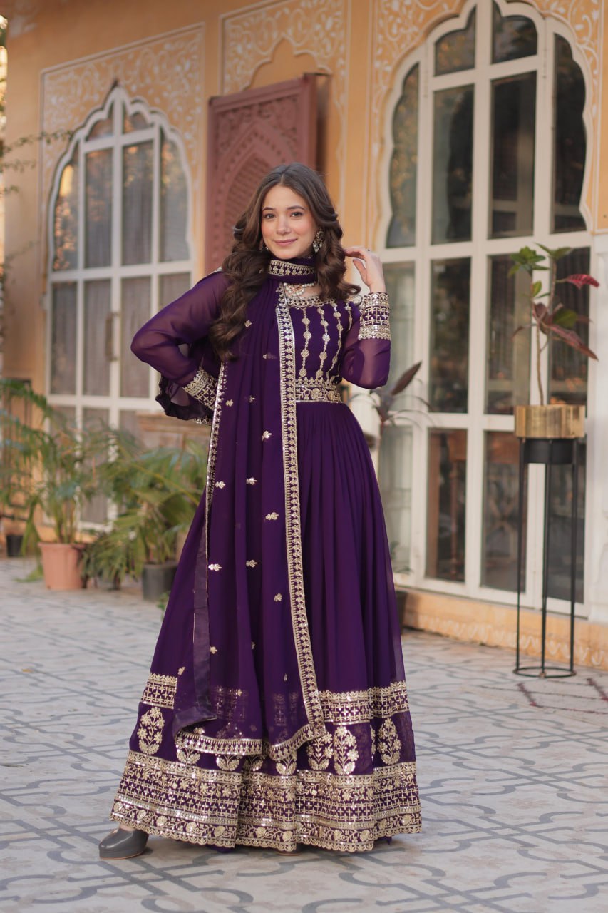 Mesmerizing Faux Georgette Embroidered Zari Sequins Gown Set - Ethnicwish
