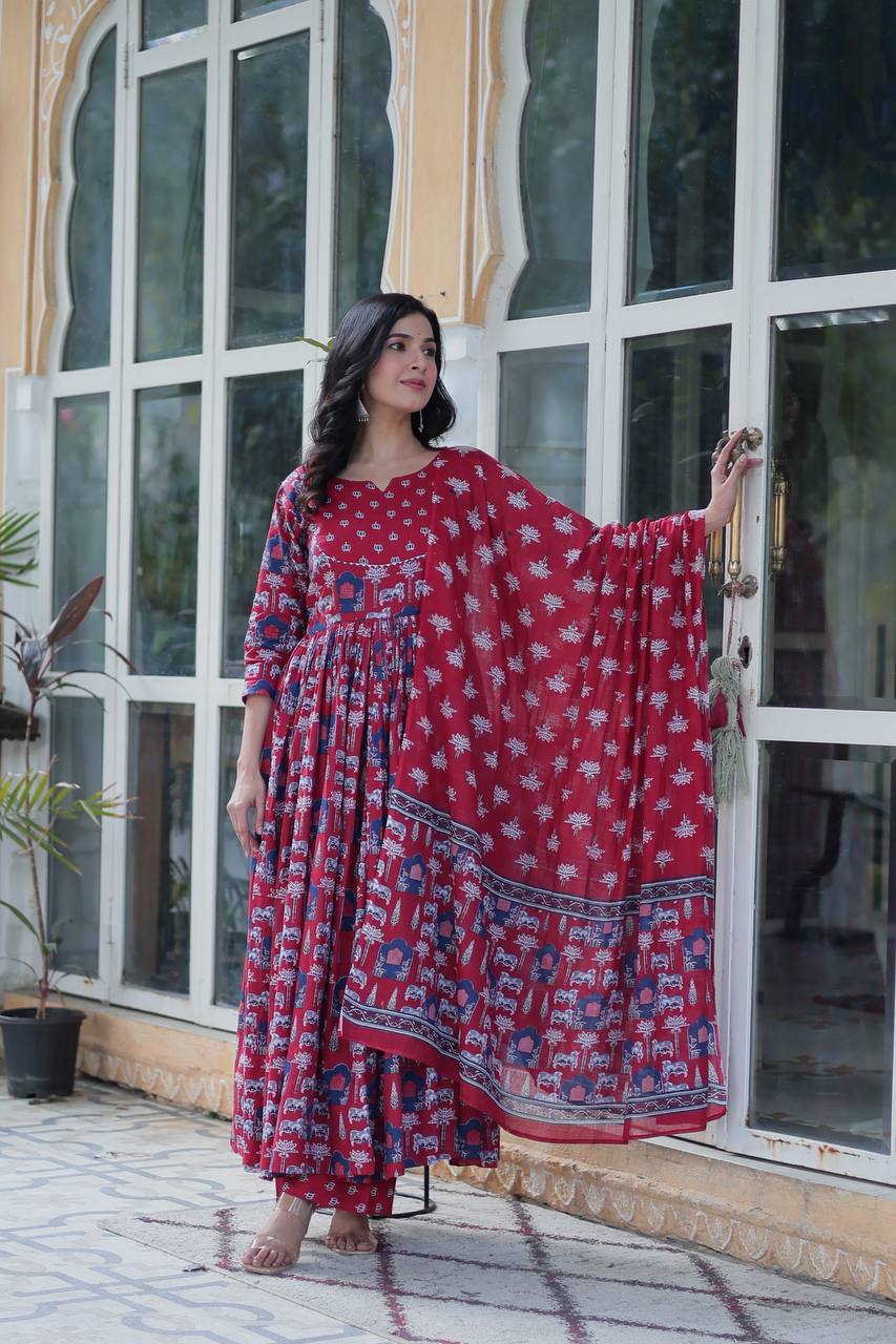 Elegant Pure Cotton Suit Set with Fancy Round Neck With Matching Dupatta - ETHNICDEAL