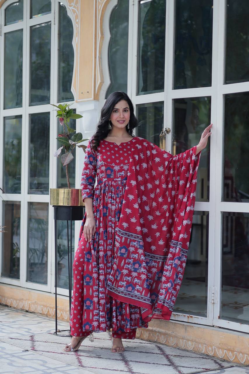 Elegant Pure Cotton Suit Set with Fancy Round Neck With Matching Dupatta - ETHNICDEAL