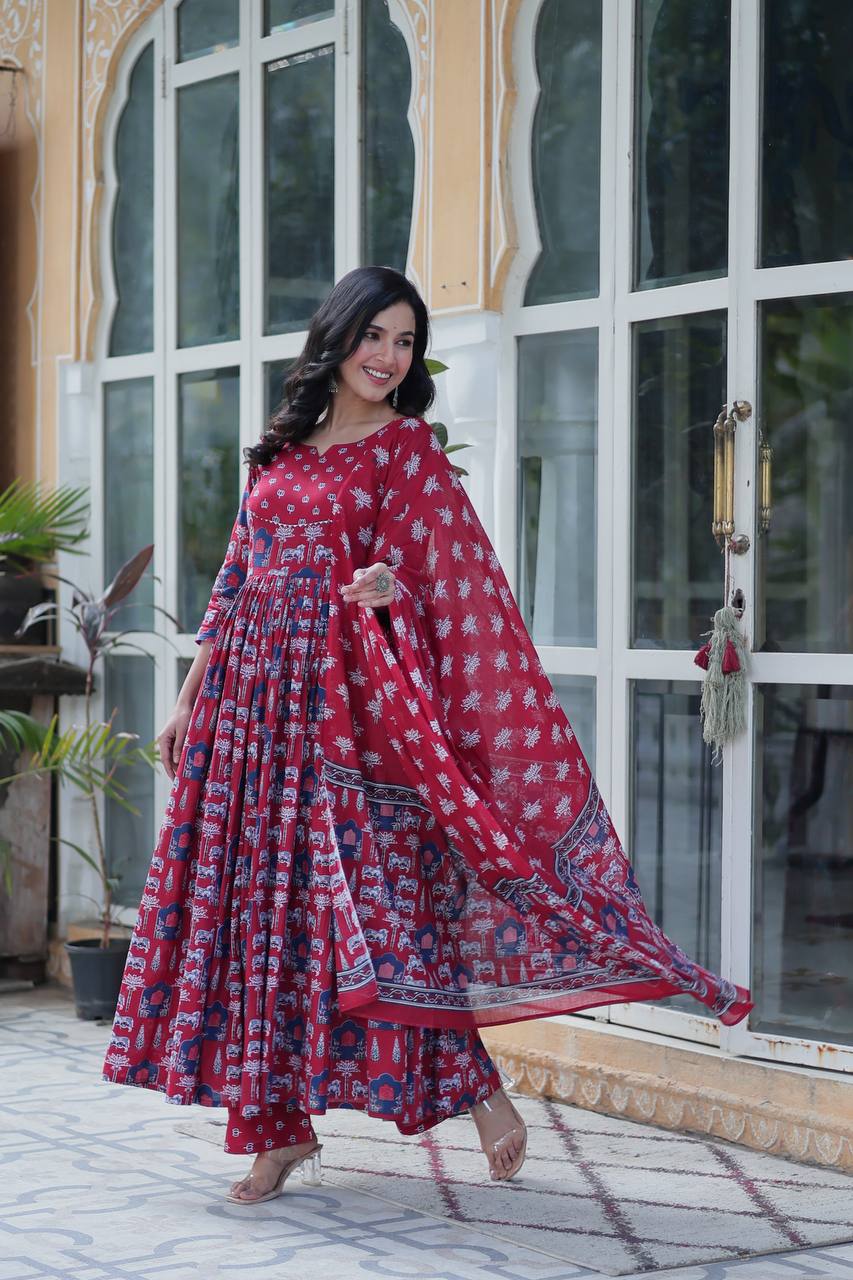 Elegant Pure Cotton Suit Set with Fancy Round Neck With Matching Dupatta - ETHNICDEAL