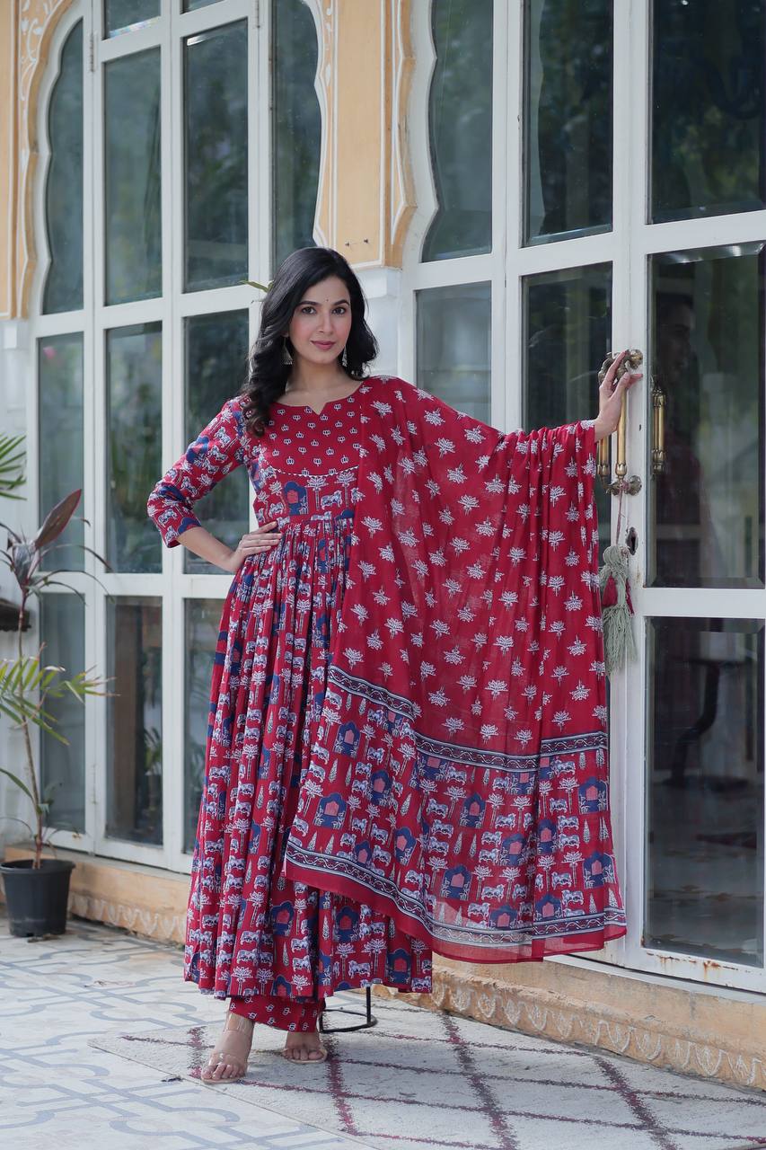 Elegant Pure Cotton Suit Set with Fancy Round Neck With Matching Dupatta - ETHNICDEAL