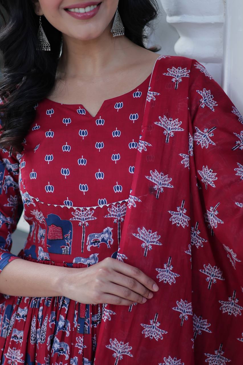 Elegant Pure Cotton Suit Set with Fancy Round Neck With Matching Dupatta - ETHNICDEAL