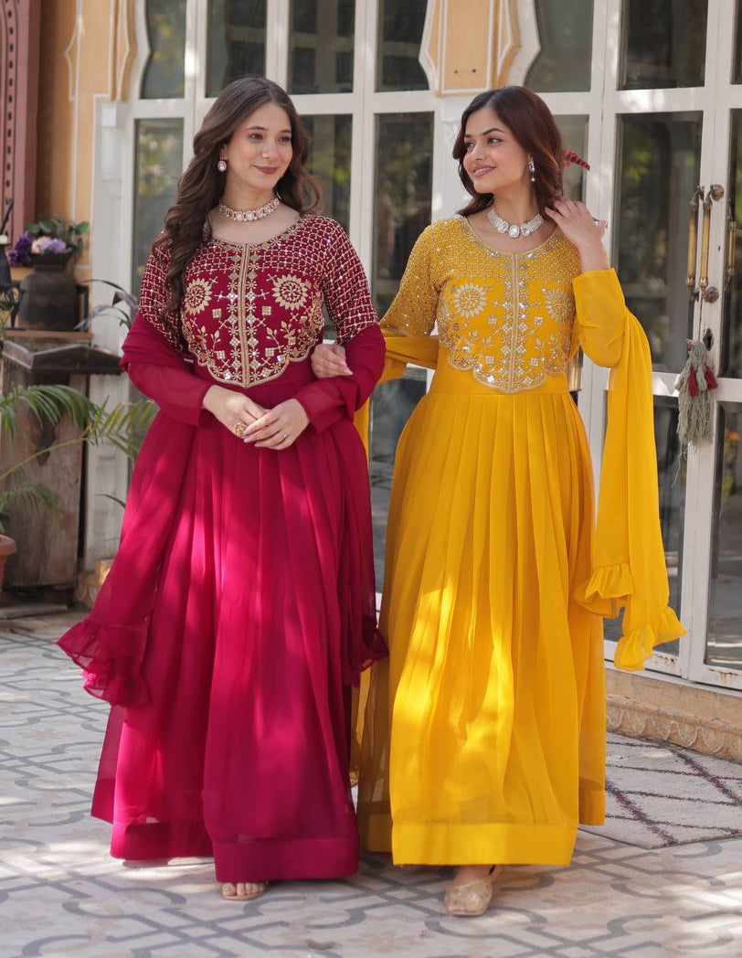 Graceful Faux Blooming Georgette Gown With Dupatta - ETHNICDEAL