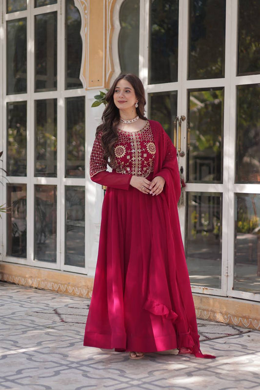 Graceful Faux Blooming Georgette Gown With Dupatta - ETHNICDEAL
