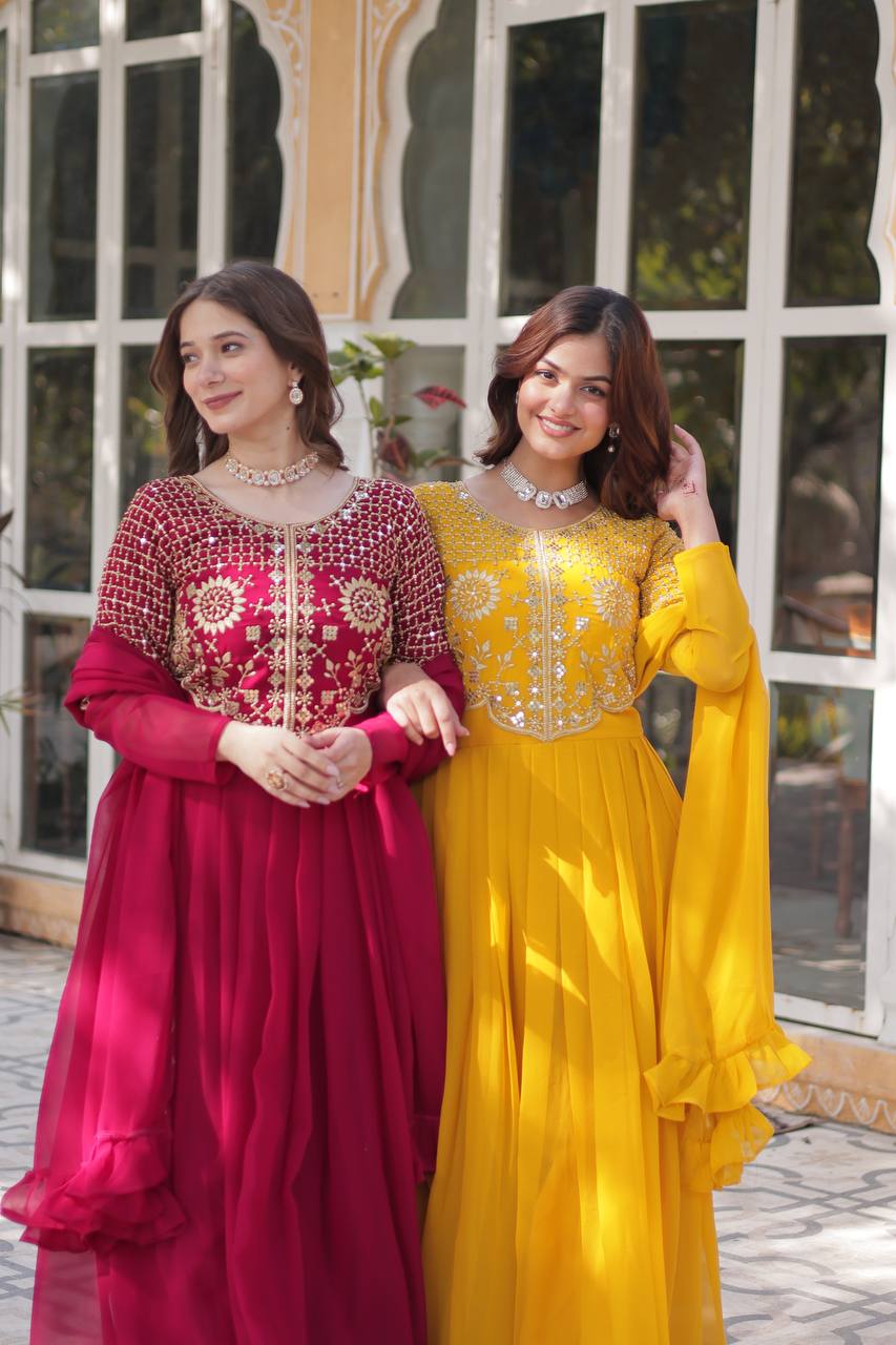 Graceful Faux Blooming Georgette Gown With Dupatta - ETHNICDEAL