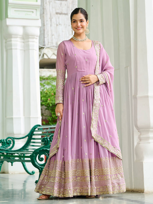 Beautiful Pink Georgette Embroidered Wedding Wear Gown With Dupatta