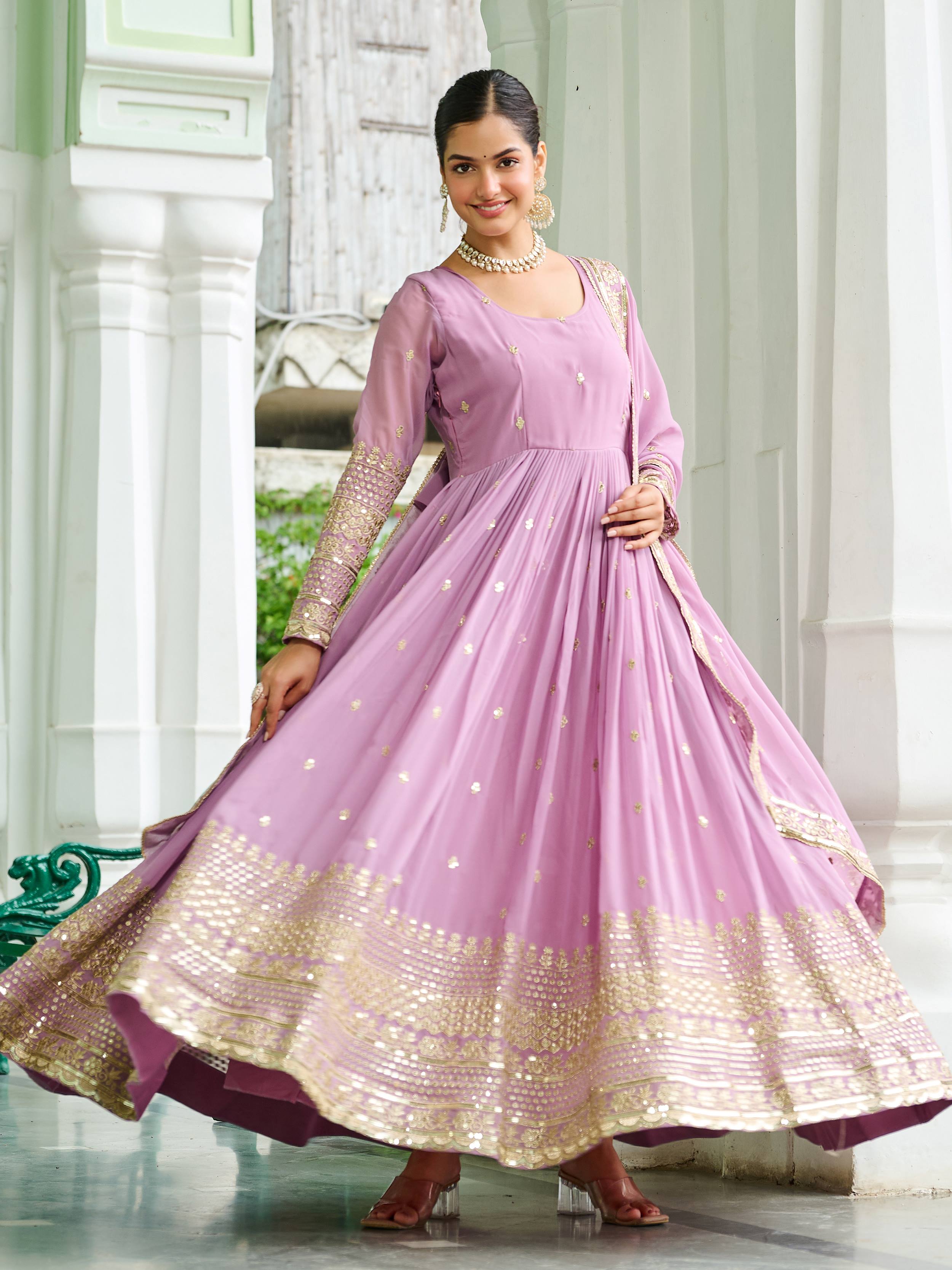 Beautiful Pink Georgette Embroidered Wedding Wear Gown With Dupatta
