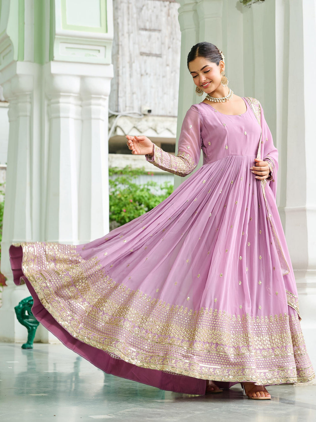 Beautiful Pink Georgette Embroidered Wedding Wear Gown With Dupatta