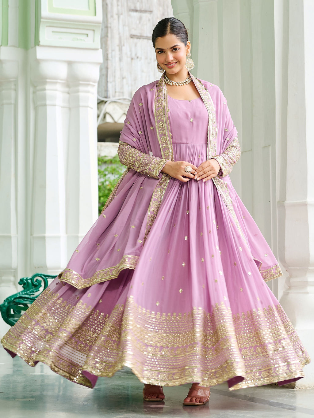 Beautiful Pink Georgette Embroidered Wedding Wear Gown With Dupatta