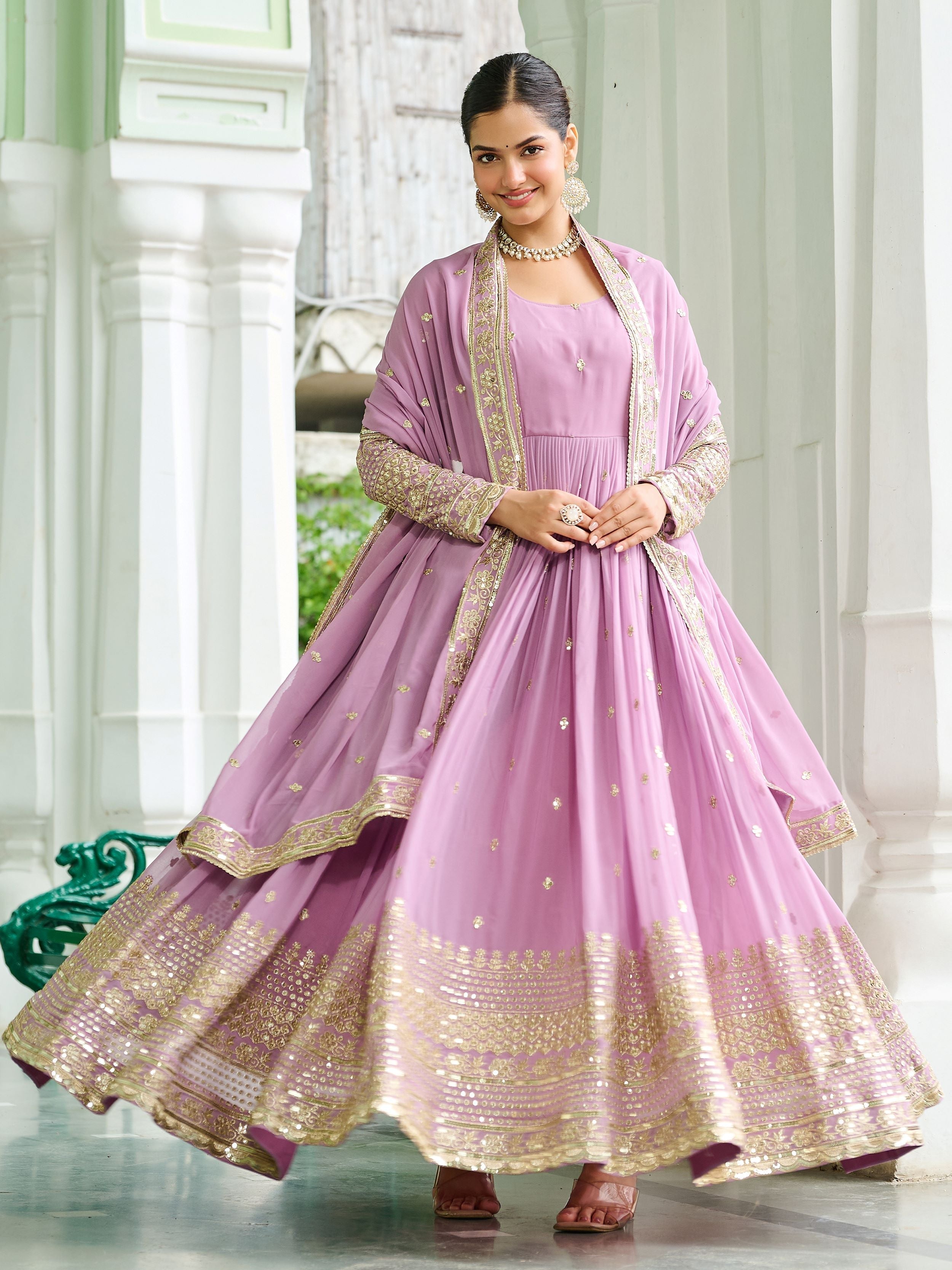 Beautiful Pink Georgette Embroidered Wedding Wear Gown With Dupatta