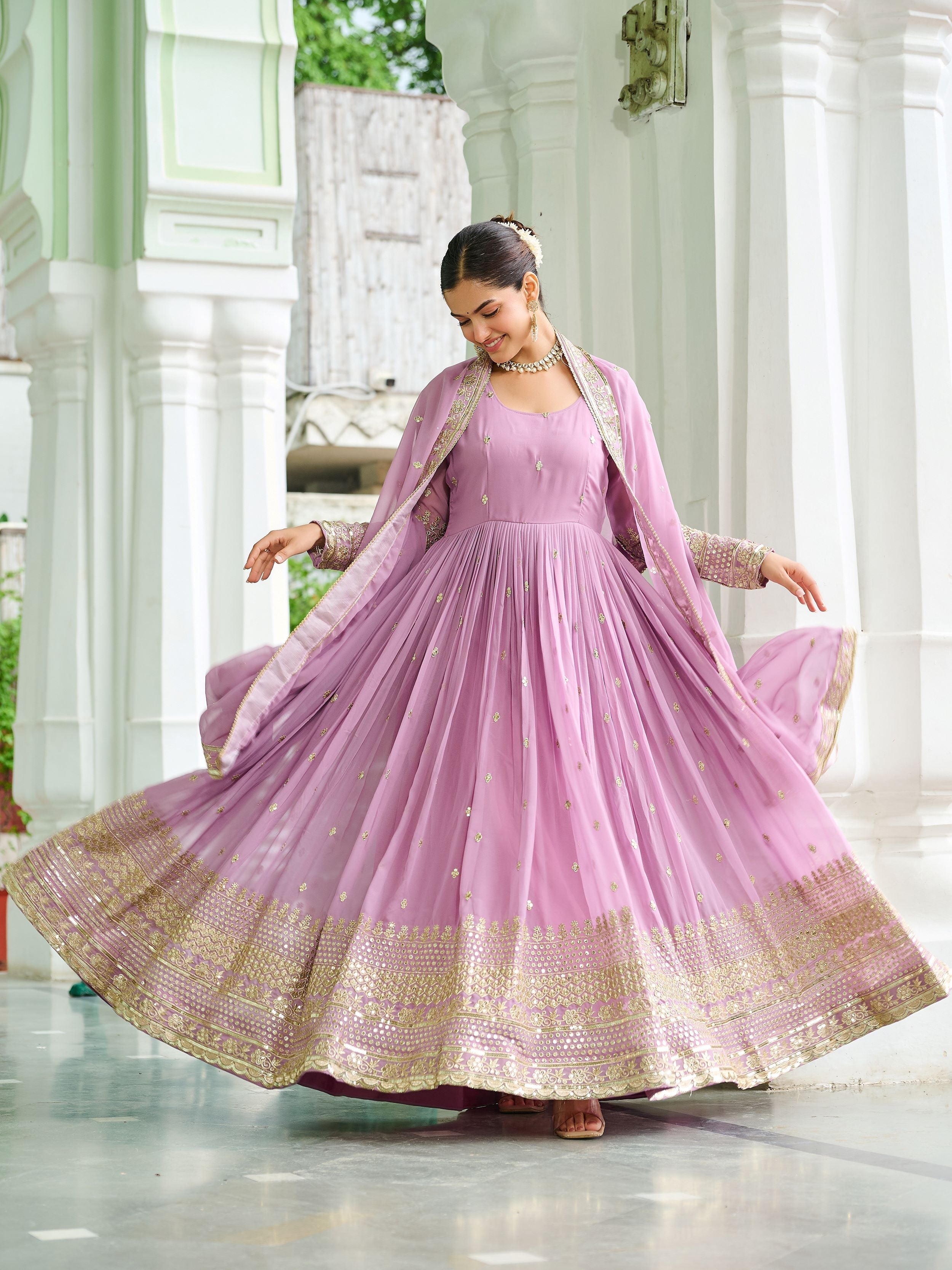 Beautiful Pink Georgette Embroidered Wedding Wear Gown With Dupatta