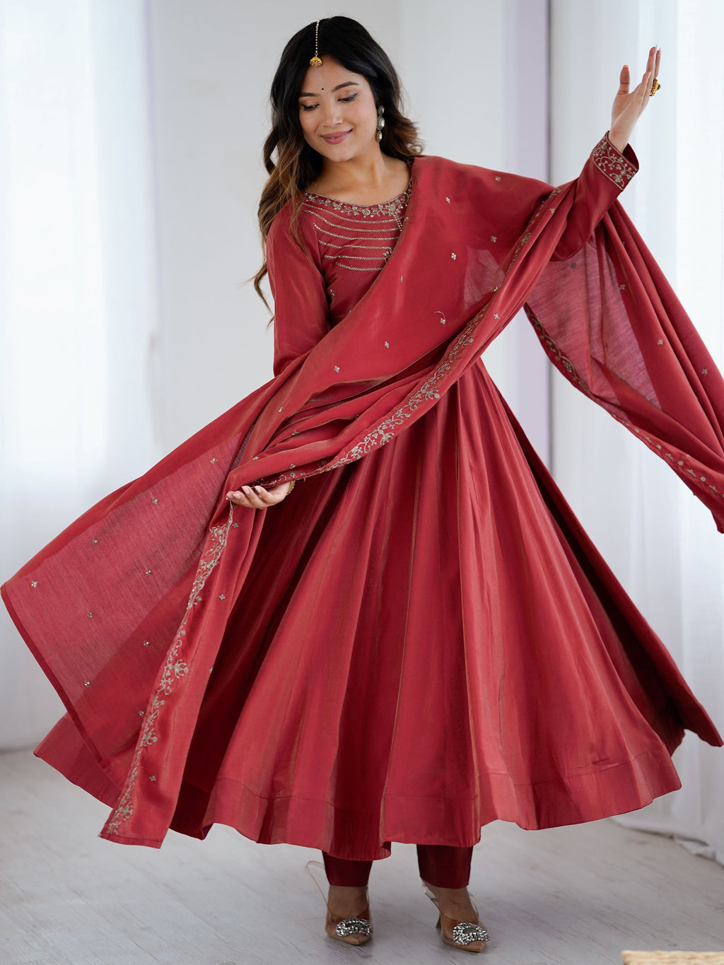 Timeless Maroon Chanderi Silk Embroidered Party Wear Anarkali Suit