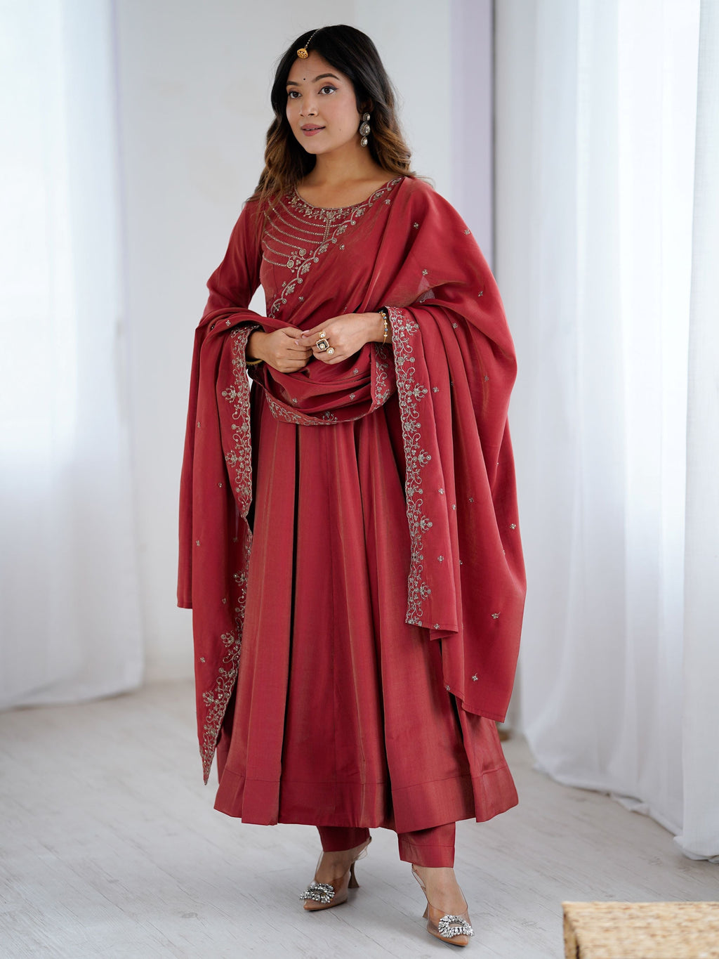 Timeless Maroon Chanderi Silk Embroidered Party Wear Anarkali Suit
