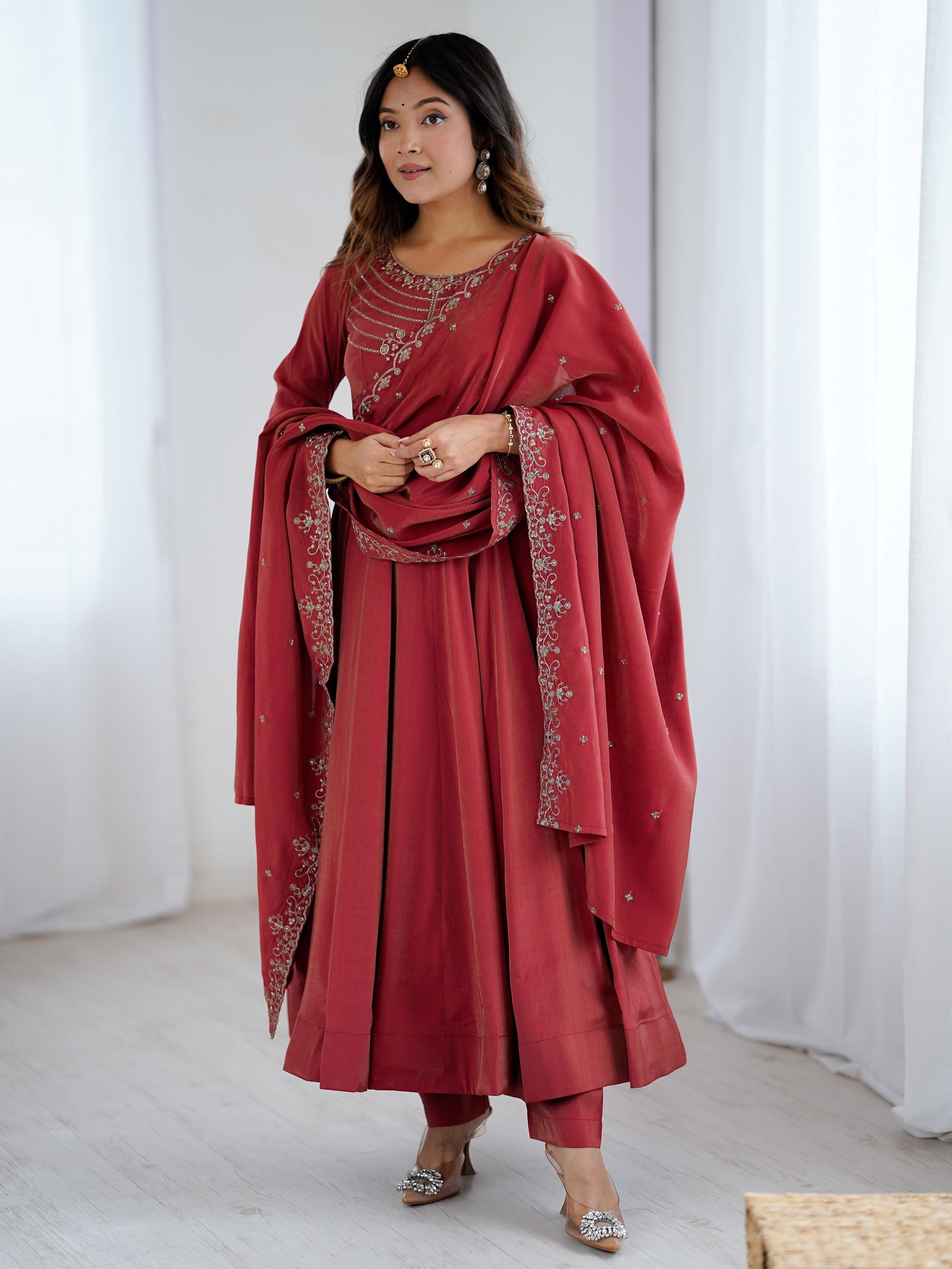 Timeless Maroon Chanderi Silk Embroidered Party Wear Anarkali Suit