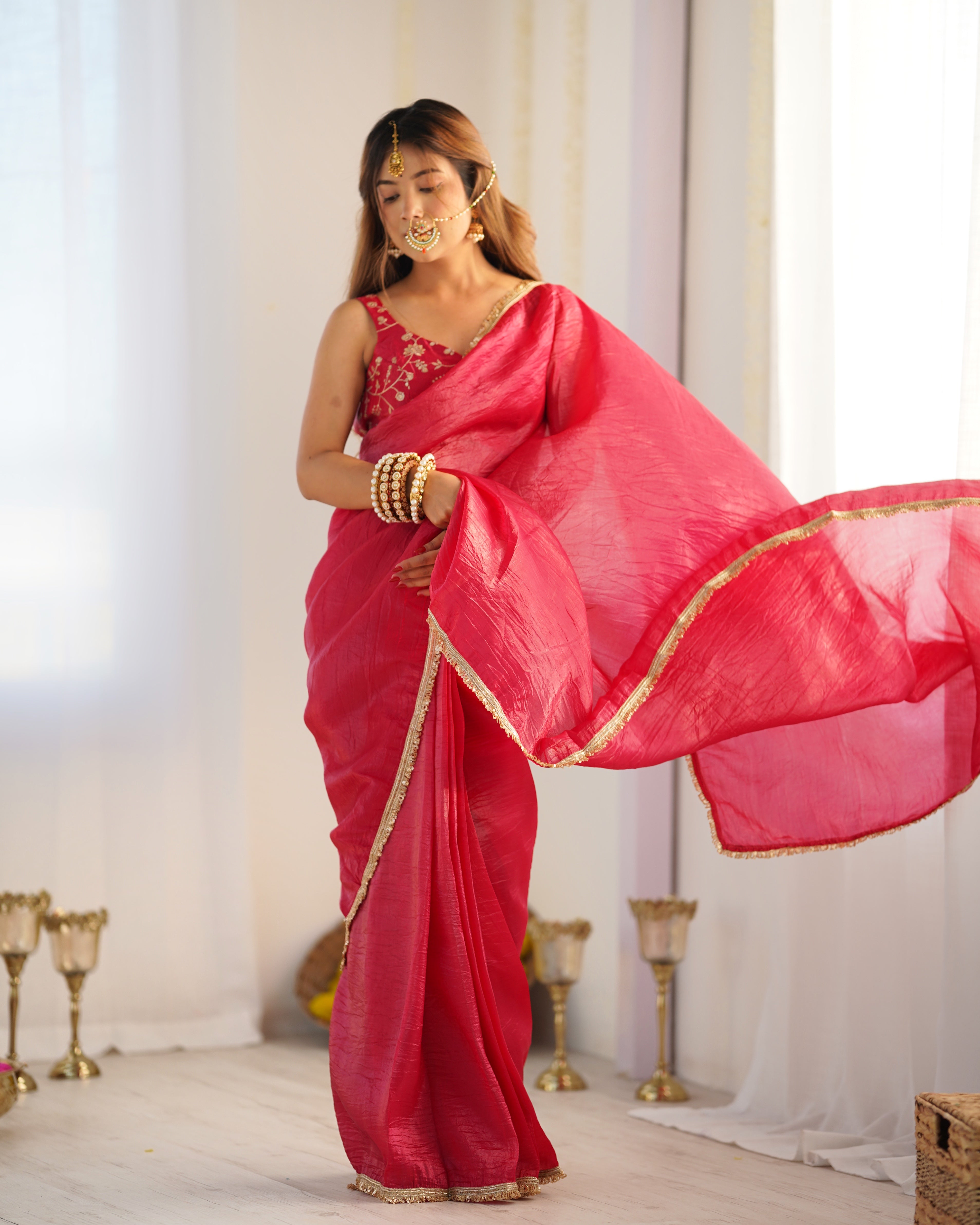 Exquisite Rani Pink Crush Tissue Silk Ready To Wear Saree - Ethnicwish
