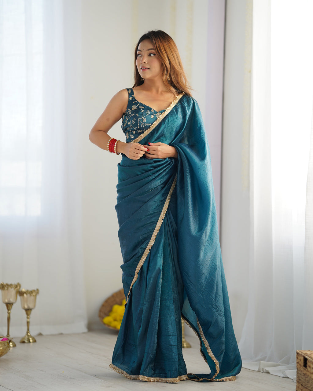 Alluring Teal Blue Crush Tissue Silk Ready To Wear Saree - Ethnicwish