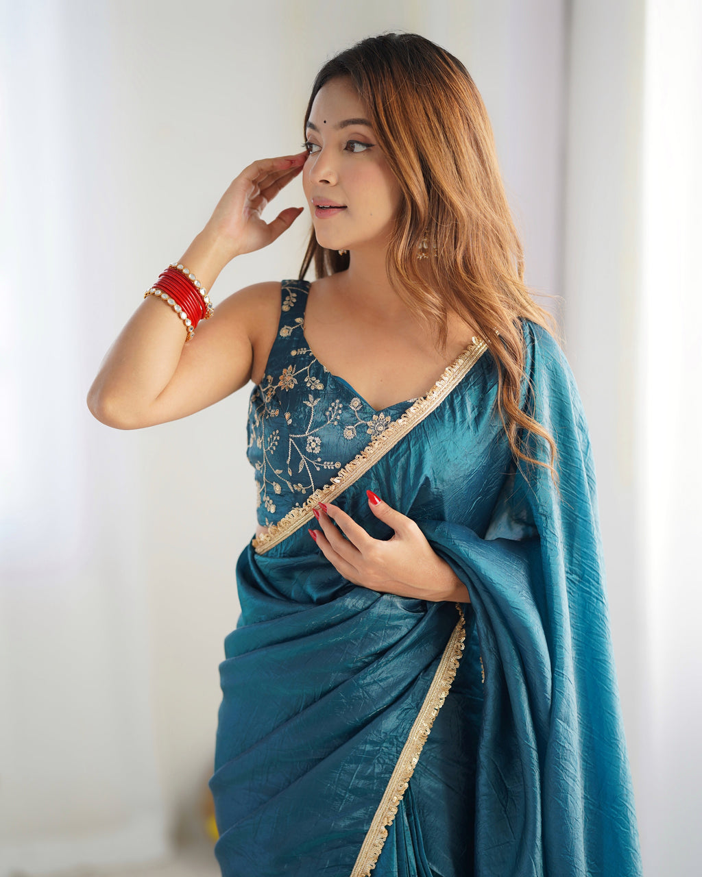 Alluring Teal Blue Crush Tissue Silk Ready To Wear Saree - Ethnicwish