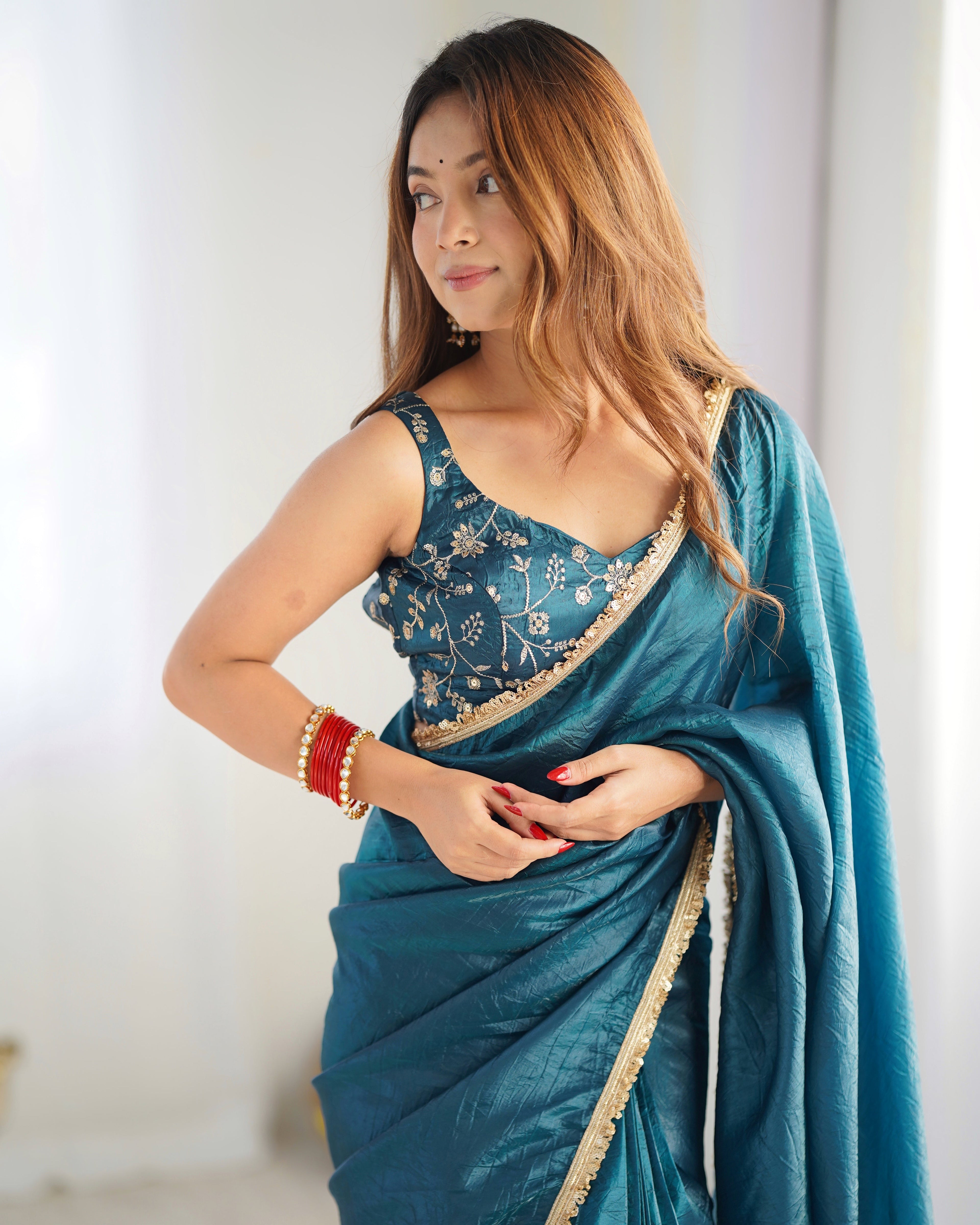 Alluring Teal Blue Crush Tissue Silk Ready To Wear Saree - Ethnicwish