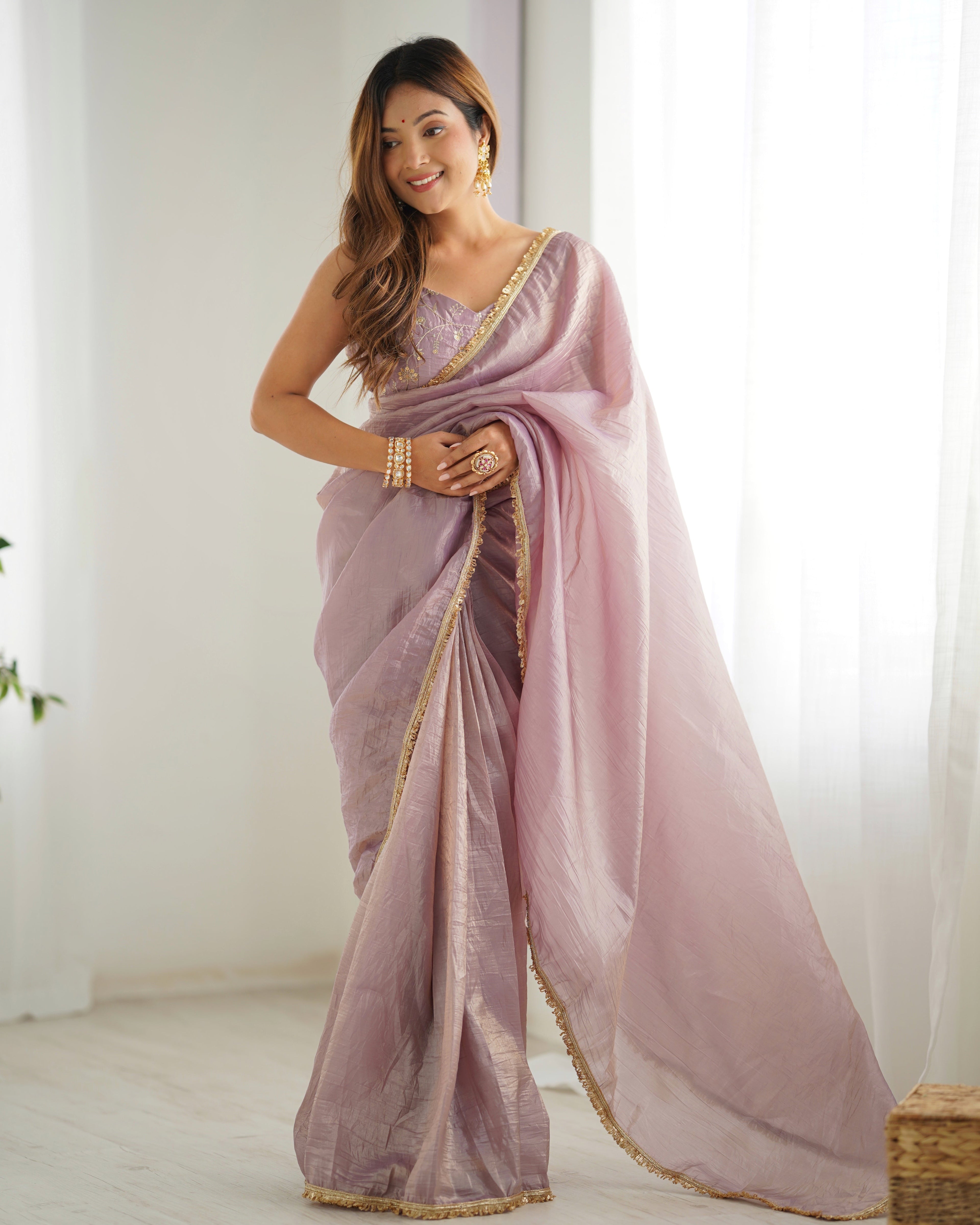 Lovely Light Dusty Mauve Gold Crush Tissue Silk Ready To Wear Saree - Ethnicwish
