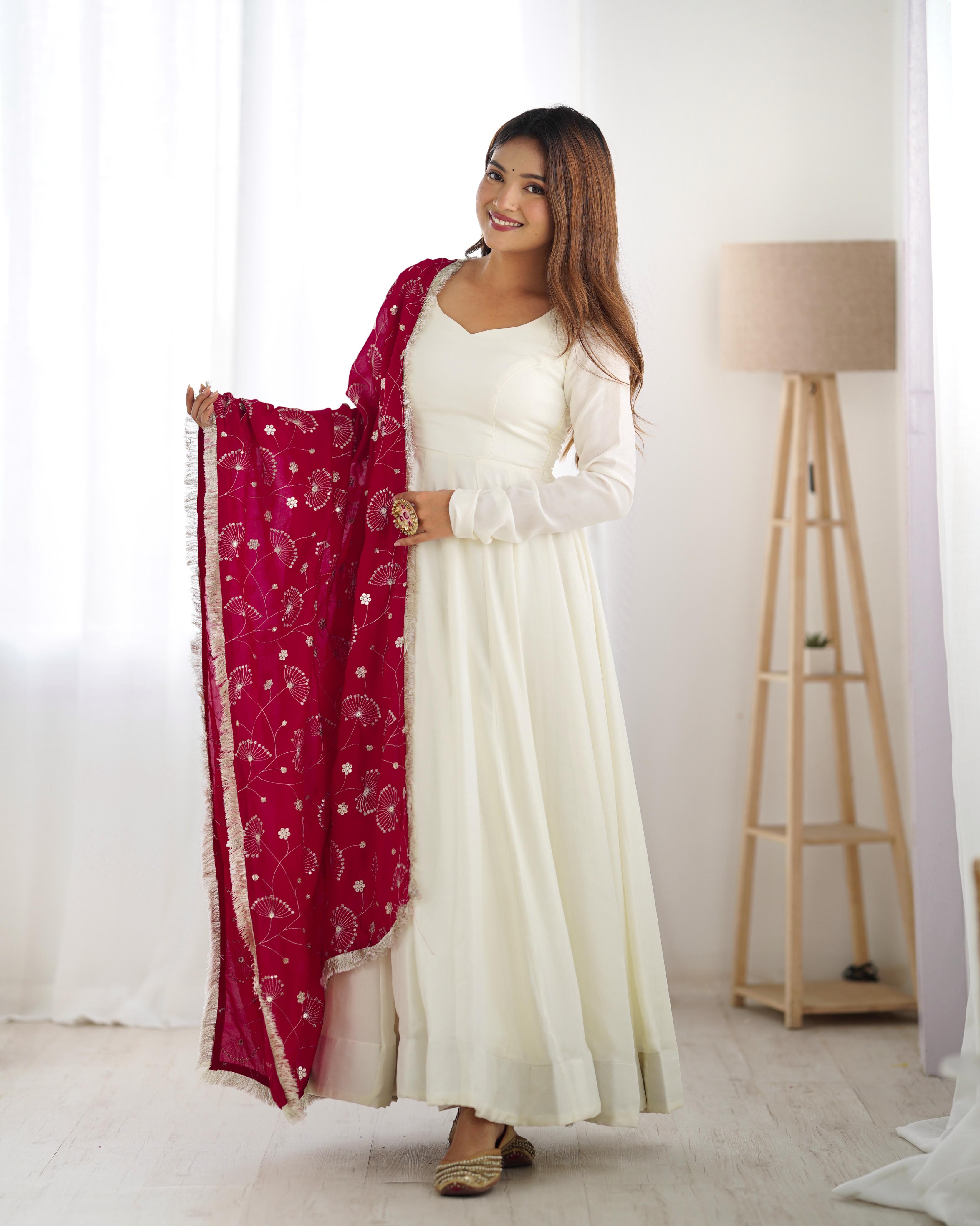Winsome White Vichitra Silk Anarkali Pant Set With Beautiful Dupatta - Ethnicwish