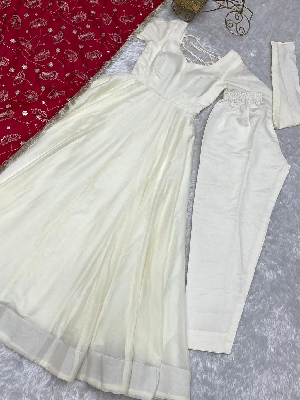 Winsome White Vichitra Silk Anarkali Pant Set With Beautiful Dupatta - Ethnicwish